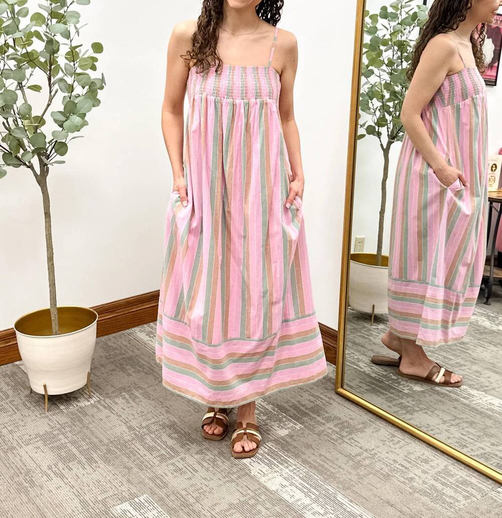 NEW WISHLIST stripe smocked midi dress in multicolor